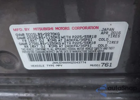 2016 Mitsubishi Outlander Gt z USA, uszkodzony, nr VIN JA4JZ4AXXGZ043774